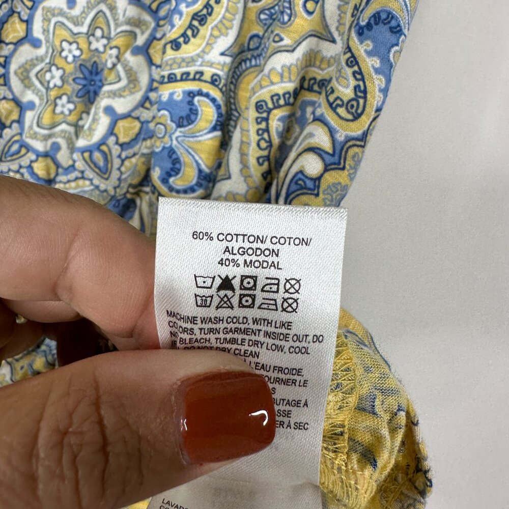 2/$30 Lucky Brand Twist Front Medallion Print Tee Cap Sleeve Mustard L #A1478 - Picture 9 of 11